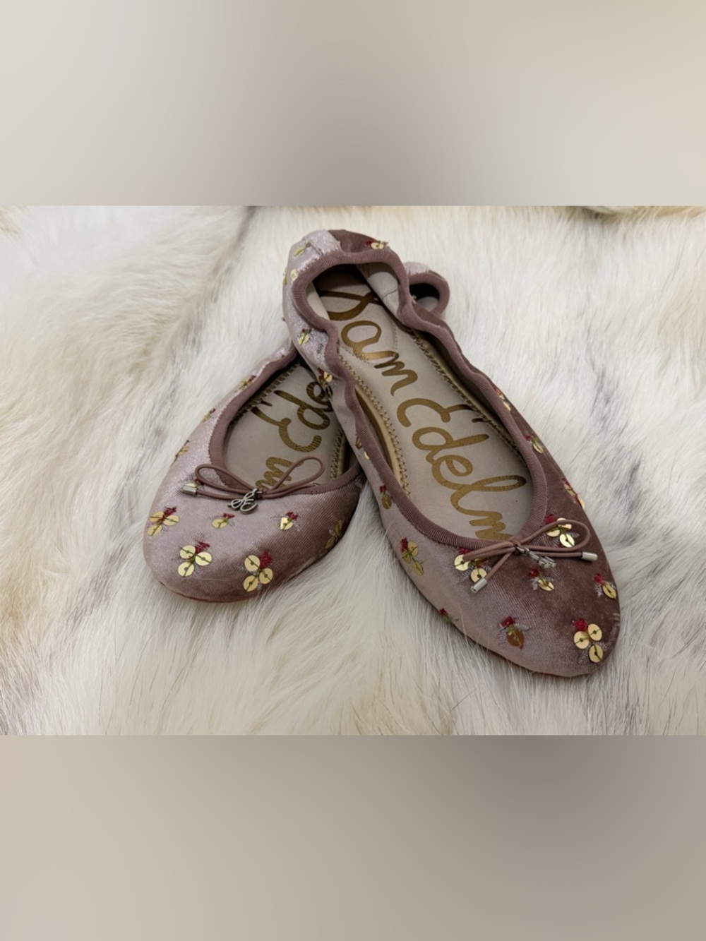 Sam Edelman Dusty Rose Pink Velvet Ballet Flats Floral Sequins 8.5 WORN ONCE